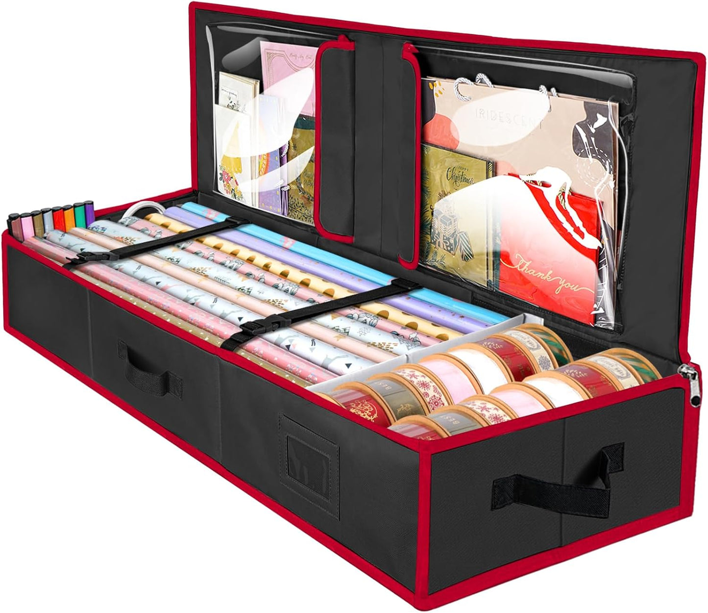 Wrapping Paper Storage Organizer, 40 Durable 600D Oxford Fabric Gift Wrap Storage Bag with Flexible Partitions for Ribbon, Holiday Accessories (Black/Red)