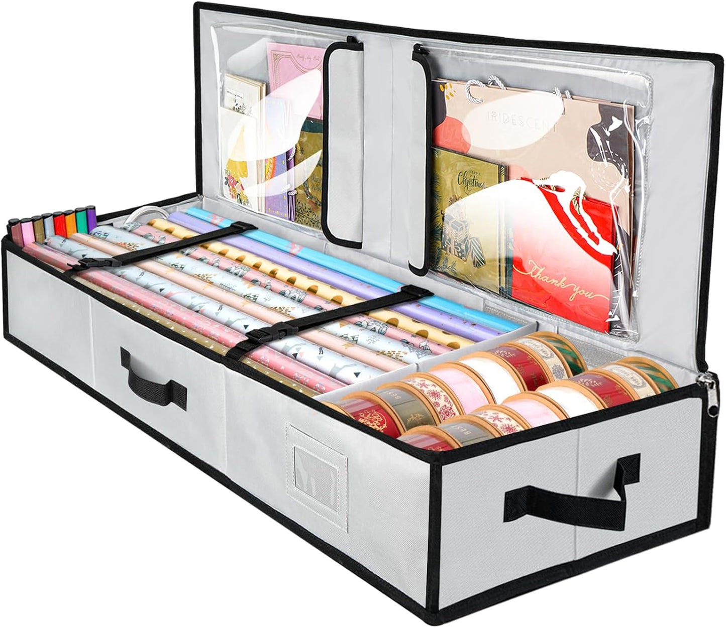 Wrapping Paper Storage Organizer, 40 Durable 600D Oxford Fabric Gift Wrap Storage Bag with Flexible Partitions for Ribbon, Holiday Accessories (Black/Red)