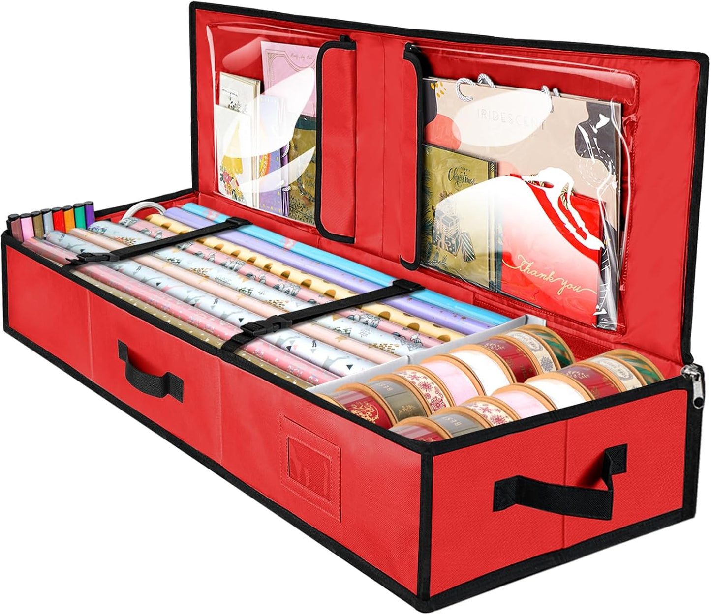 Wrapping Paper Storage Organizer, 40 Durable 600D Oxford Fabric Gift Wrap Storage Bag with Flexible Partitions for Ribbon, Holiday Accessories (Black/Red)