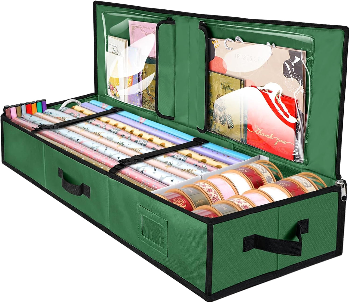 Wrapping Paper Storage Organizer, 40 Durable 600D Oxford Fabric Gift Wrap Storage Bag with Flexible Partitions for Ribbon, Holiday Accessories (Black/Red)